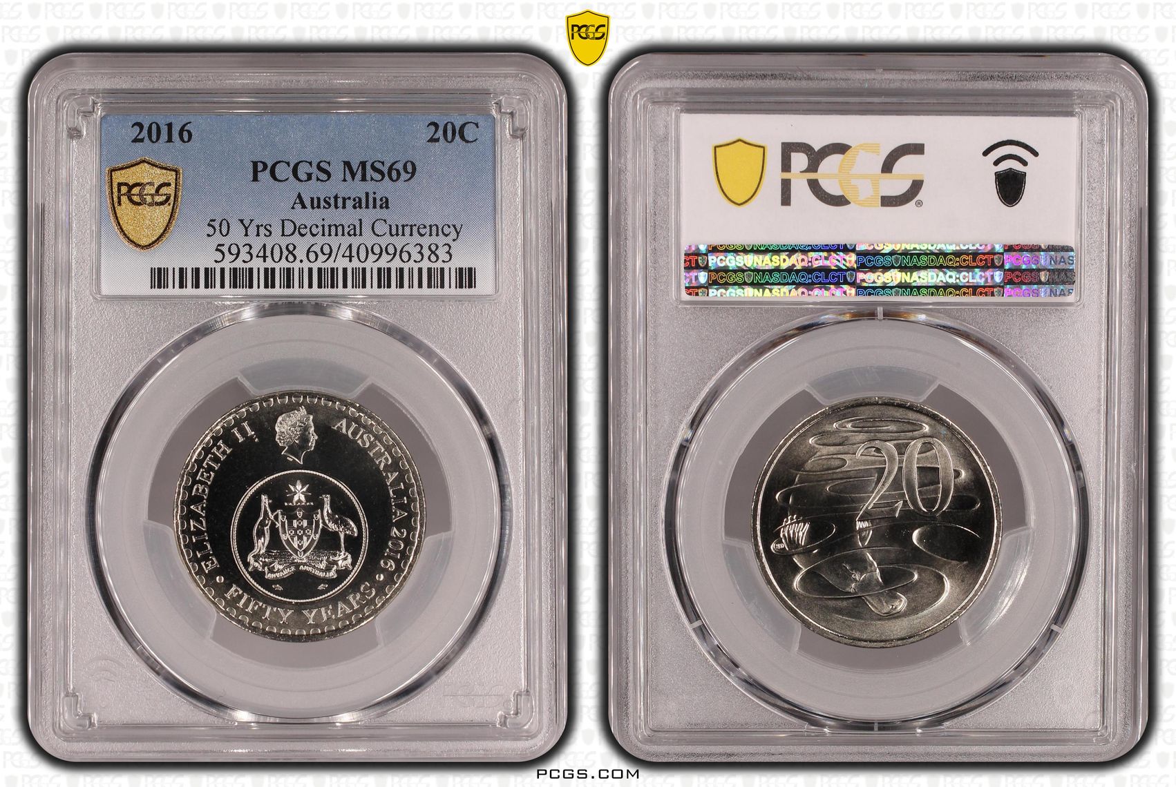 288 · 50 Yrs Decimal Currency, Twenty Cent, 2016, PCGS MS69