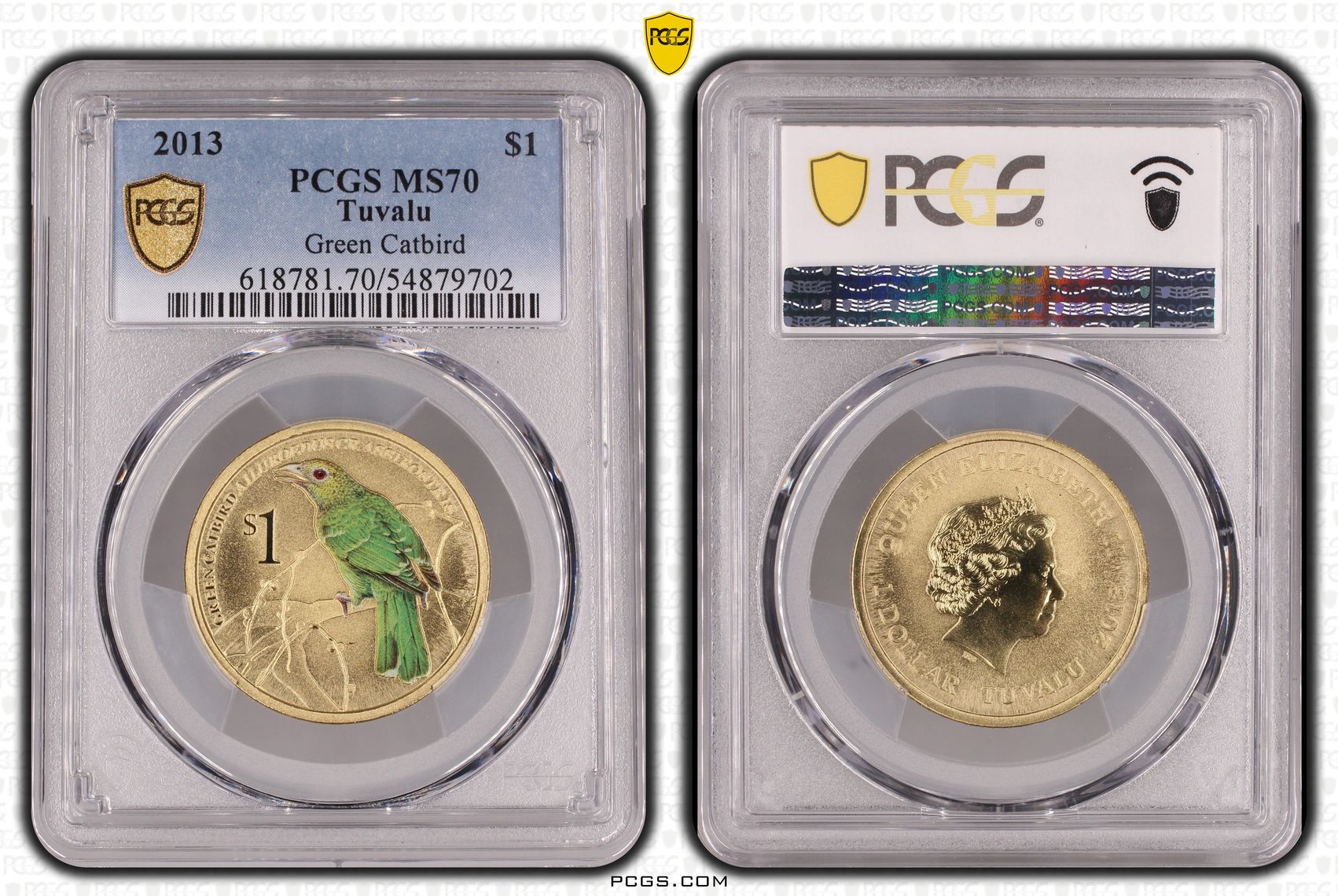 Tuvalu, Green Catbird, POP 5/0, One Dollar, 2013, PCGS MS70