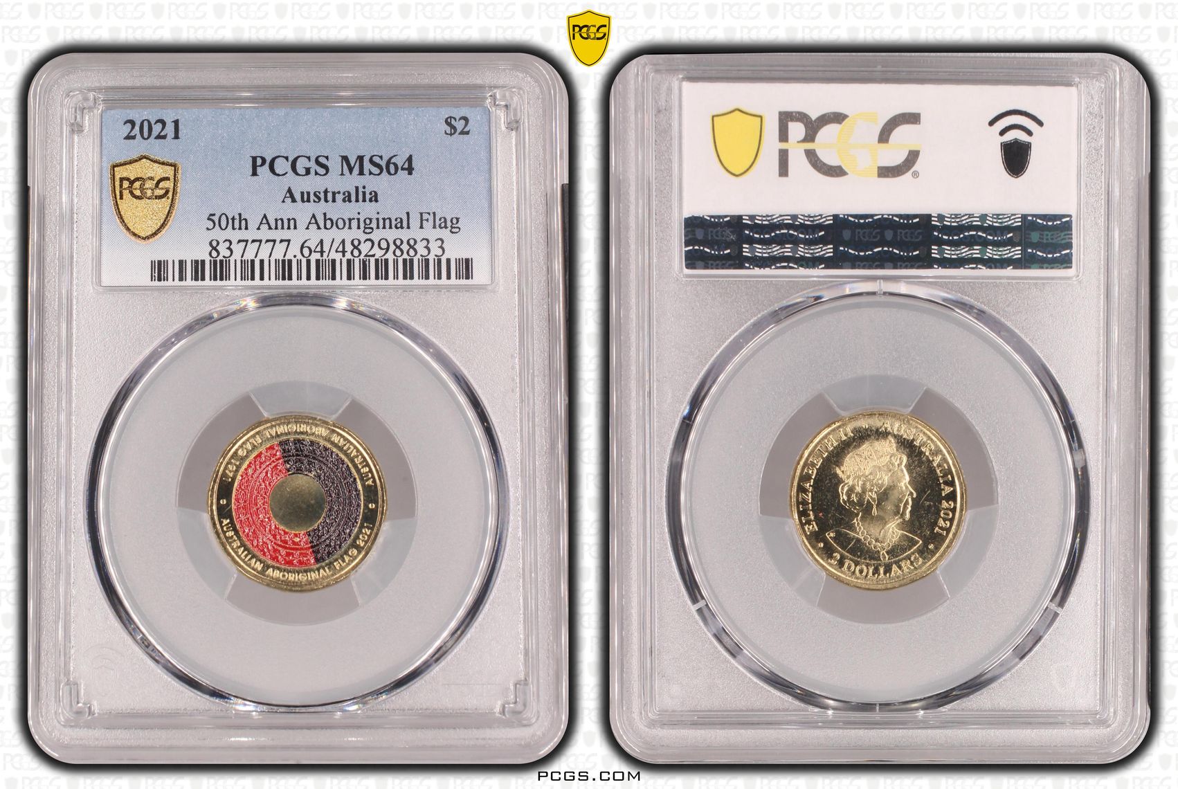 50th Ann Aboriginal Flag Colourised, Two Dollar, 2021, PCGS MS64