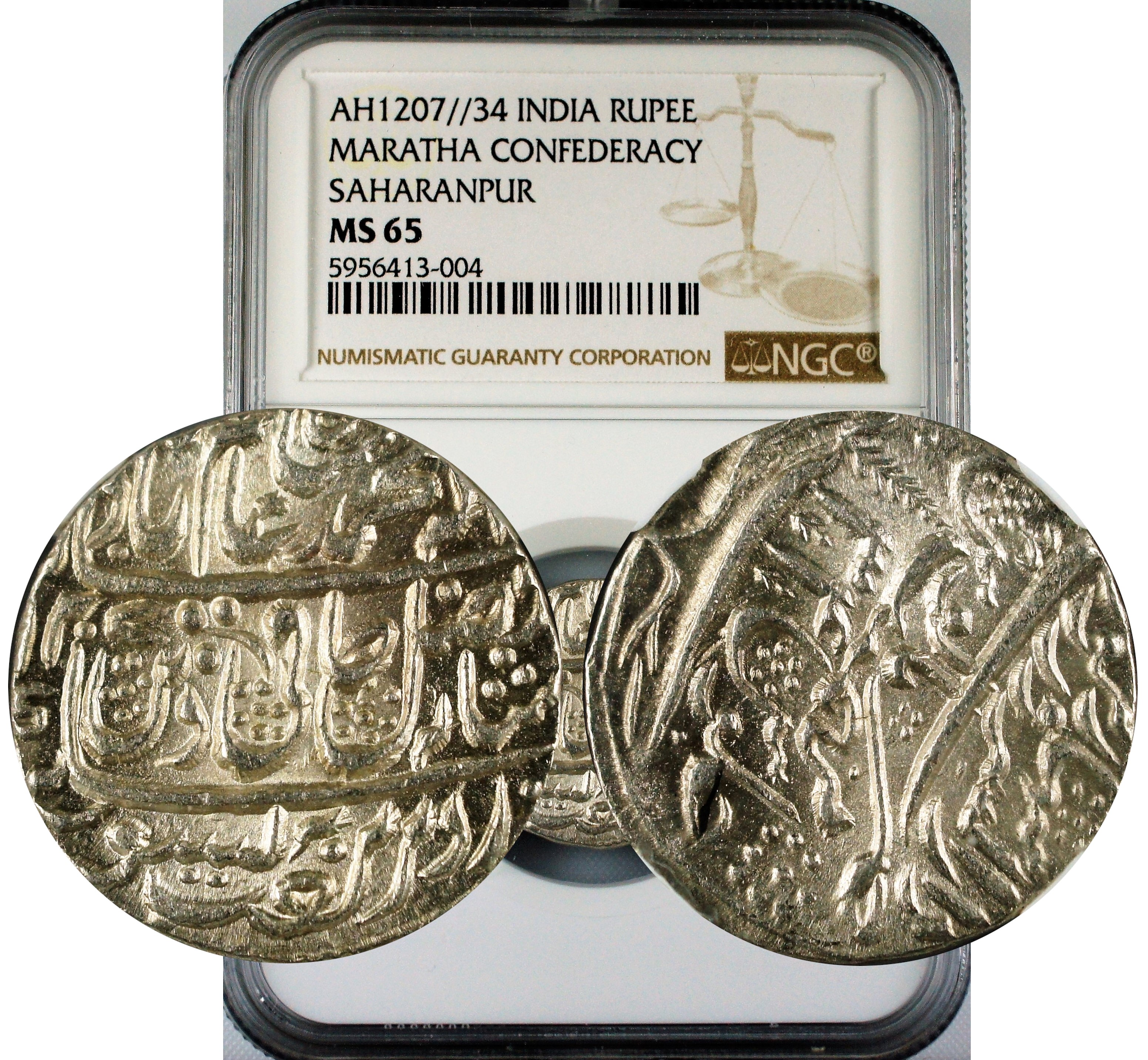India Maratha Confederacy Ah1207//34 Rupee Saharanpur Mint NGC MS65