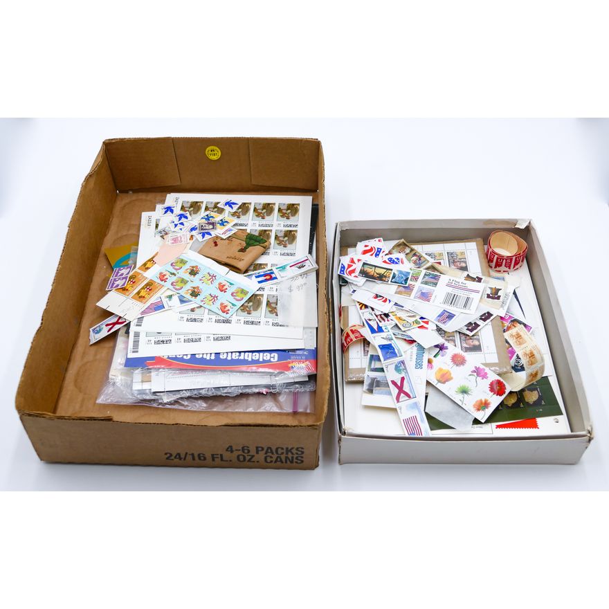 Box Assorted US Unused Postage Stamps - $298 Face Value Approx.