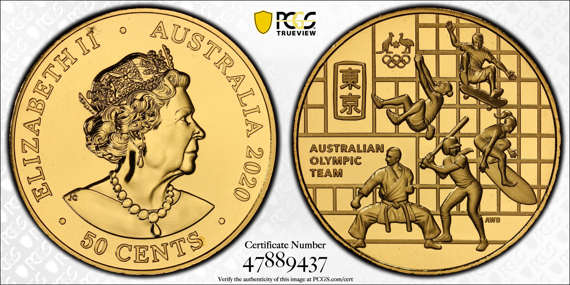 Australian Olympic Team Gilt-CuNi , Fifty Cent, 2020, PCGS MS68