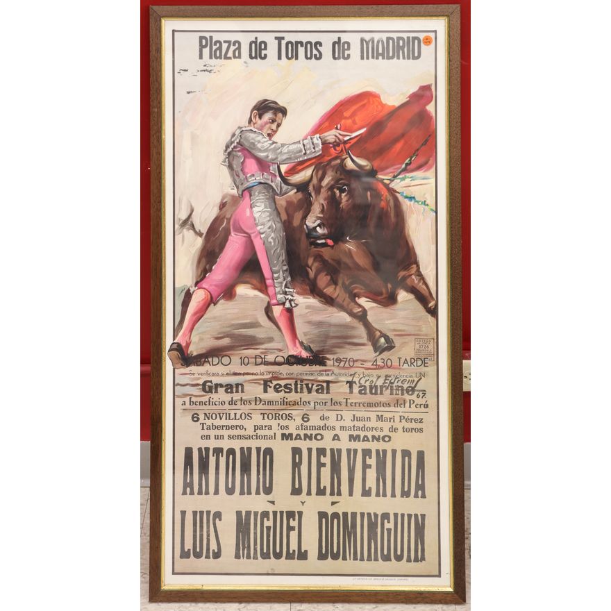 Vintage Spanish Bull Fighting Poster Framed 44''x23''