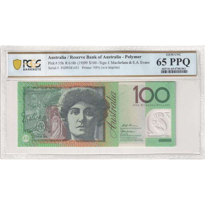MacFarlane/Evans, One Hundred Dollar, 1999, PCGS Gem UNC 65 PPQ