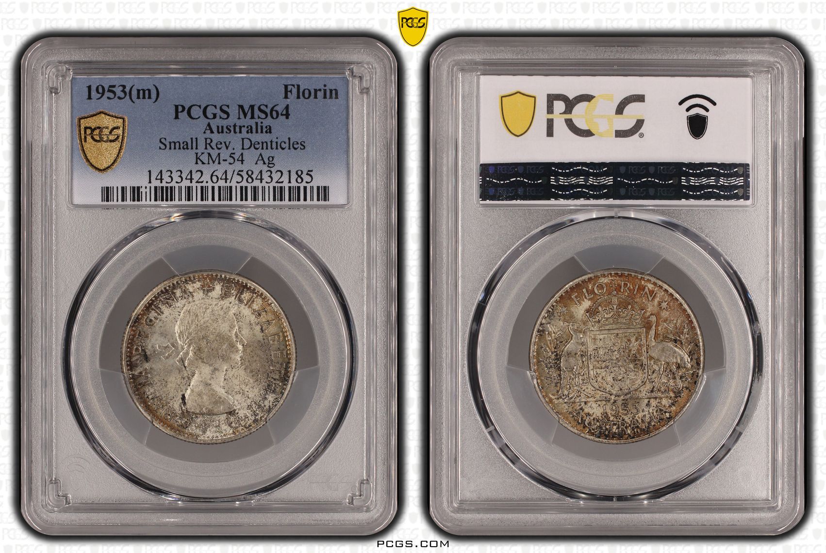 Small Rev. Denticles KM-54 Silver, Florin, 1953(m), PCGS MS64