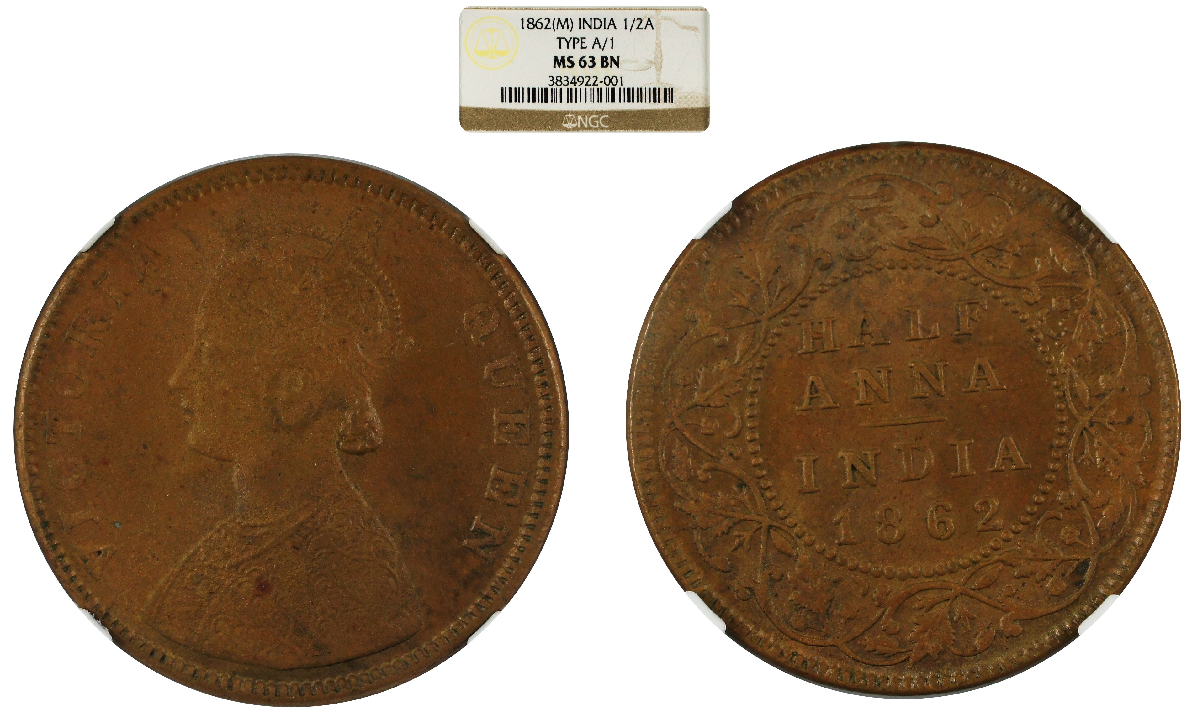 India British 1862 M 1/2 Anna Type A/1 - NGC MS63 - Struck from rusty dies.