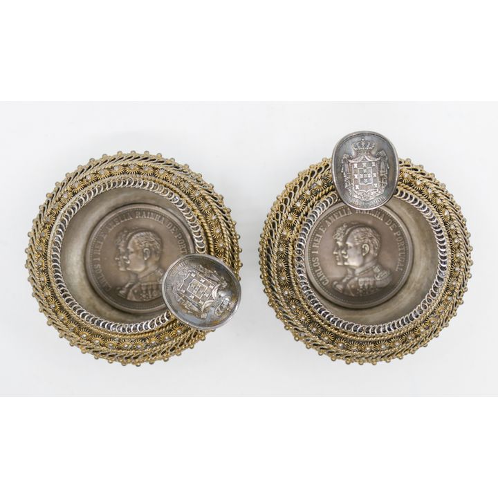 2pc Portugal Silver Filligree Coin Ashtrays 2'' - 177 Grams TW