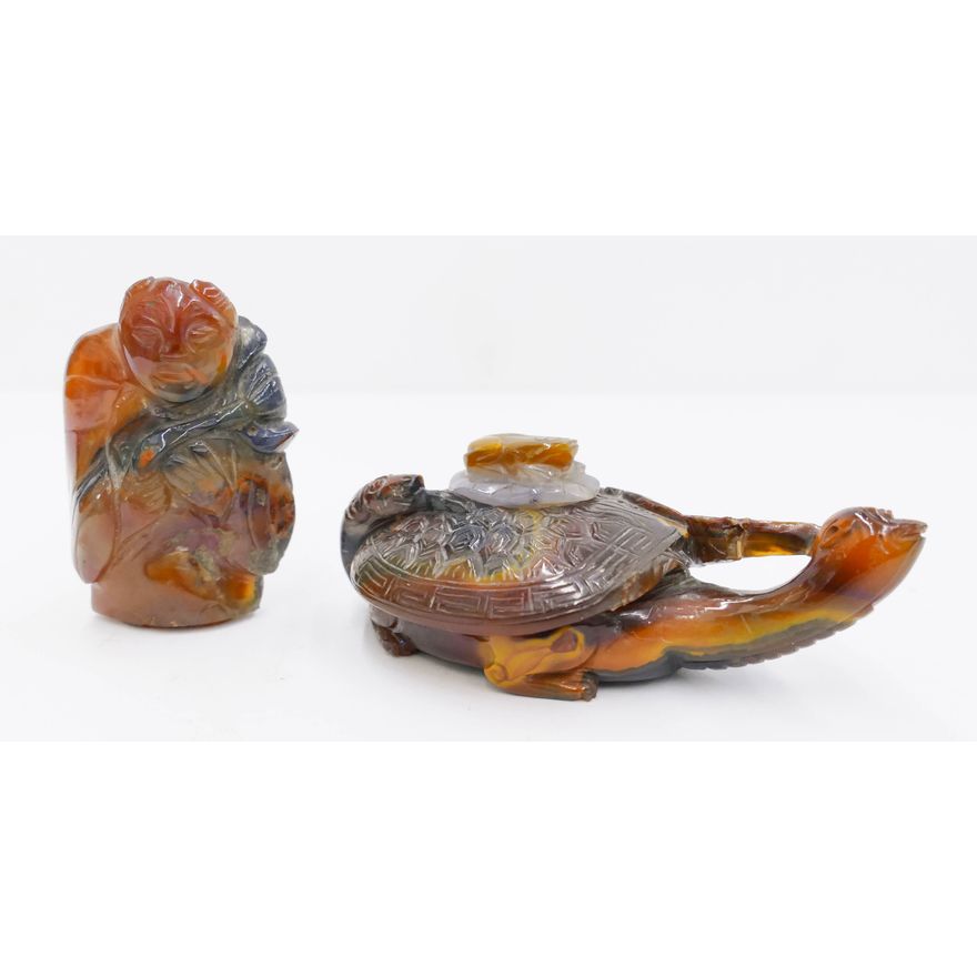 2pc Chinese Carnelian Agate Figures