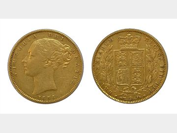 1856 VICTORIA YOUNG HEAD LONDON MINT SHIELD GOLD SOVEREIGN