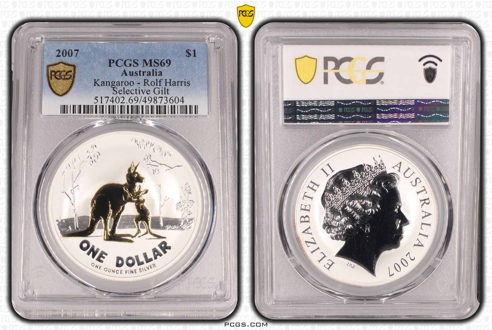 348 · Kangaroo Silver Rolf Harris Selective Gilt, One Dollar, 2007, PCGS MS69
