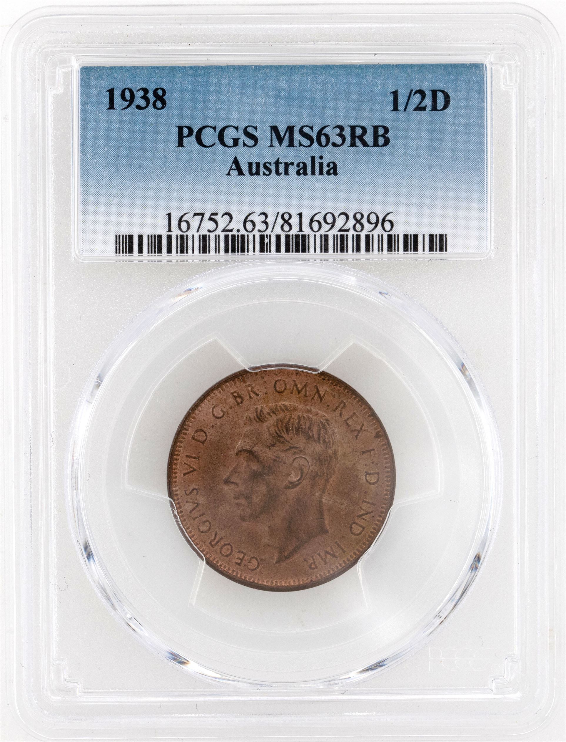 1938 Australia Half Penny PCGS - MS63RB -896