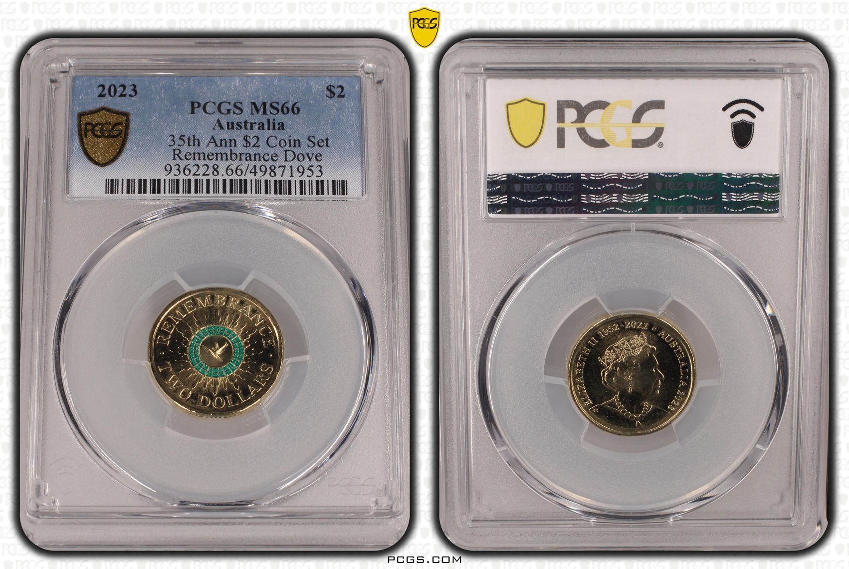 35th Ann $2 Coin Set Colourised Remembrance Dove, Two Dollar, 2023, PCGS MS66