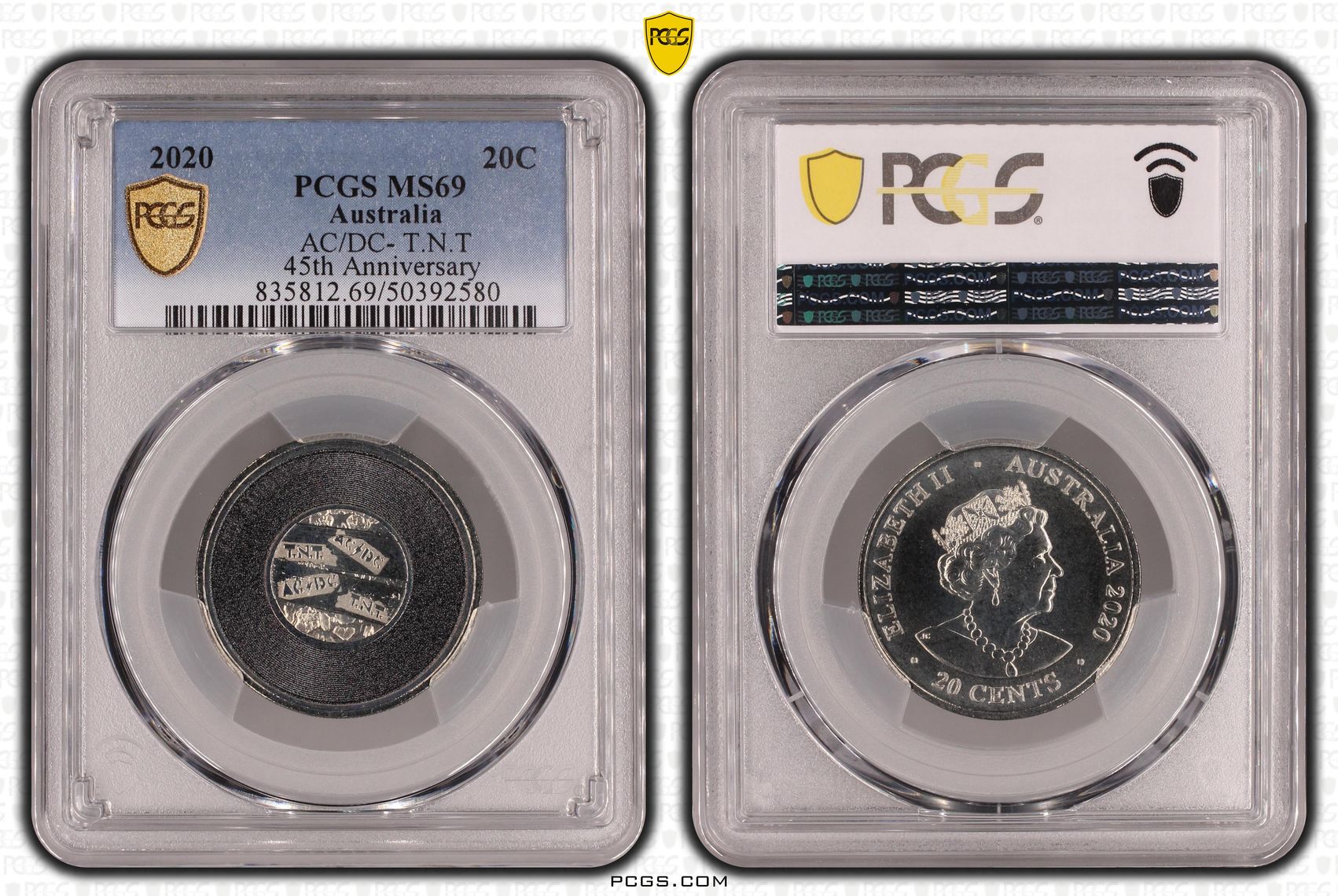 157 · Elizabeth II, AC/DC- T.N.T 45th Anniversary  POP 58/0, Twenty Cent, 2020, PCGS MS69