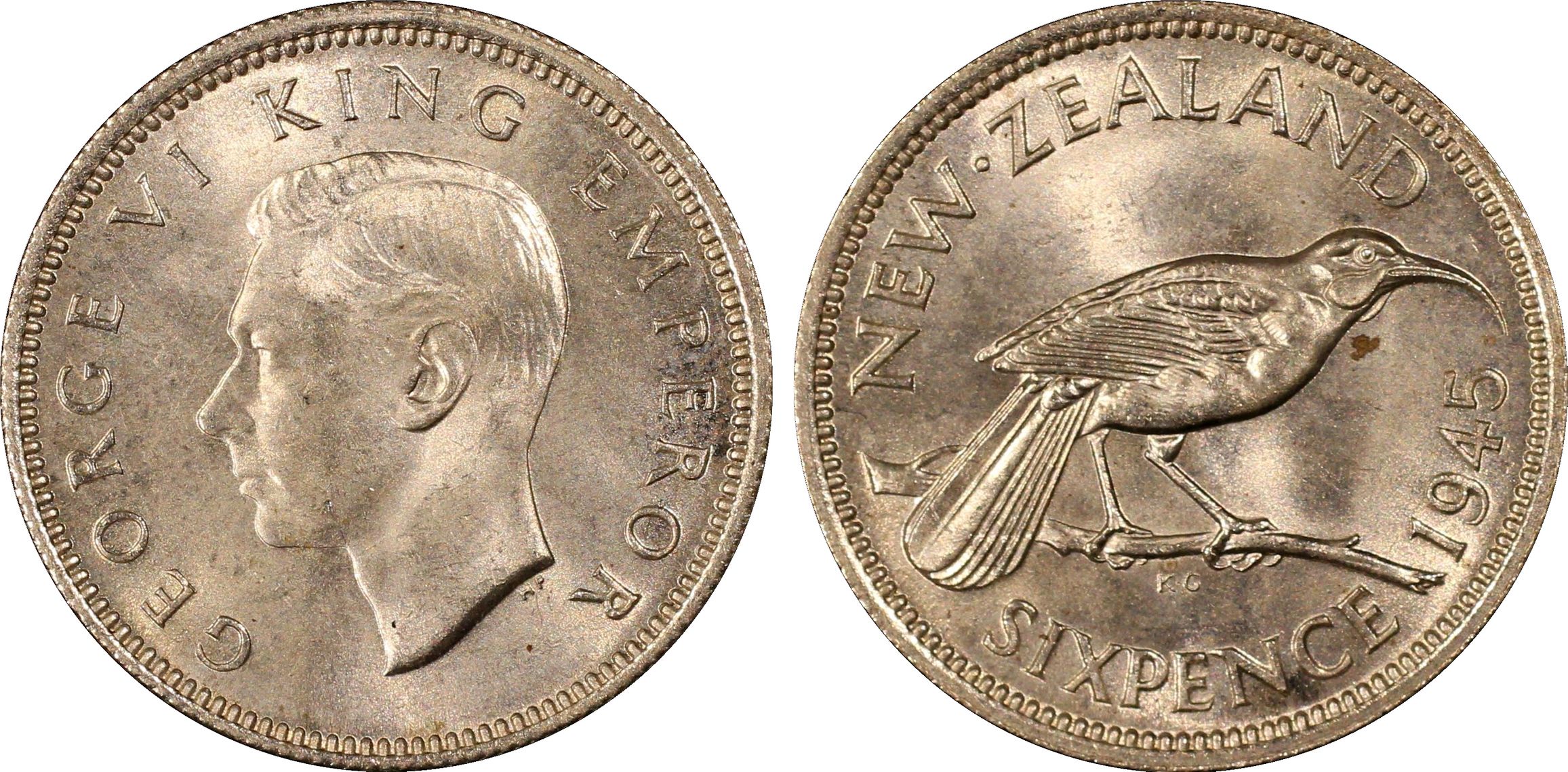 49 · New Zealand, Sixpence, 1945, PCGS - MS64