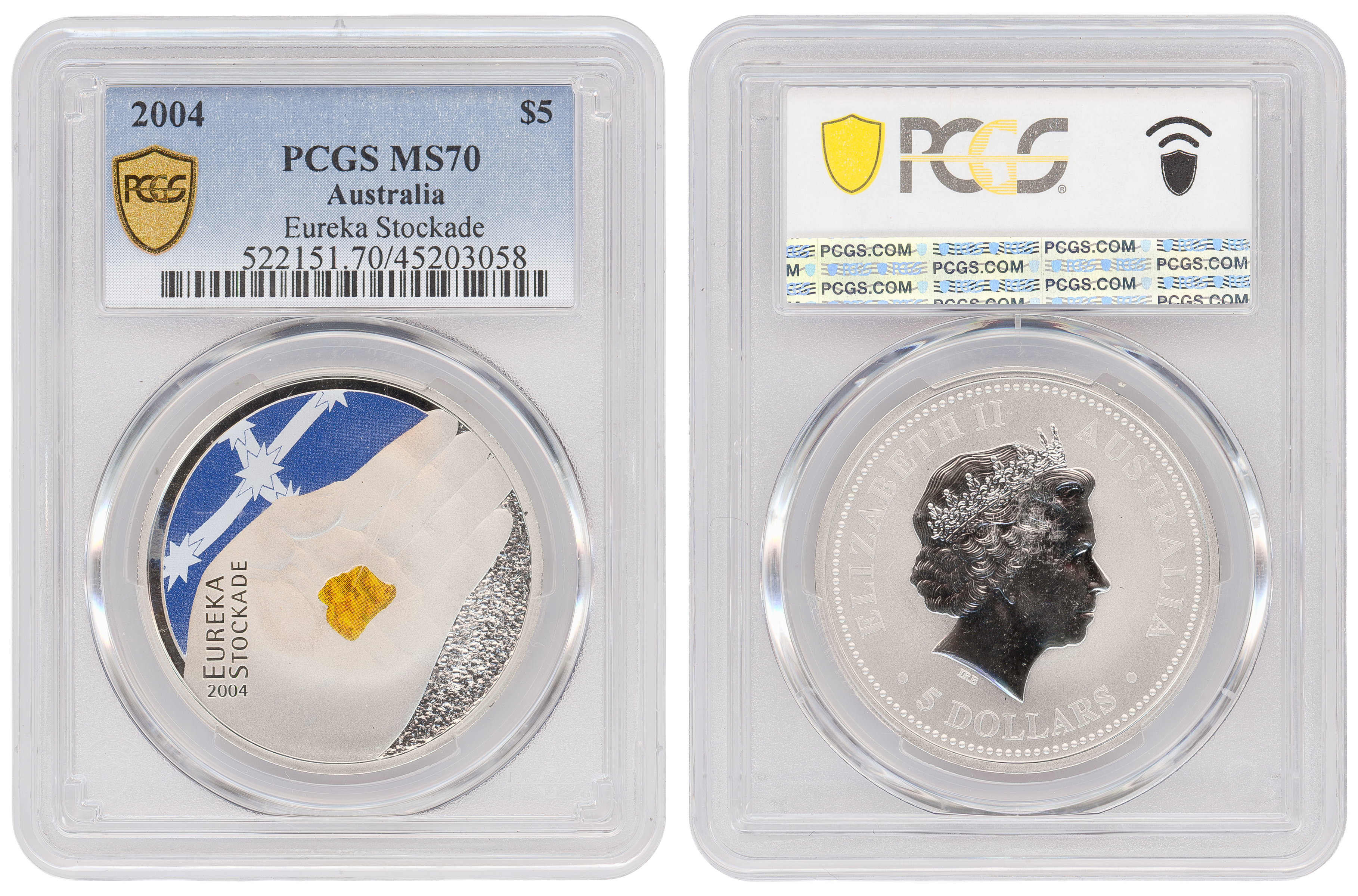 Eureka Stockade Colorized, POP 20/0, Five Dollar, 2004, PCGS MS70