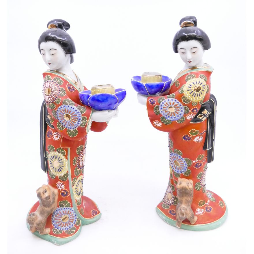 Pair Japanese Kutani Geisha Candlesticks- 10'' (one As Is)