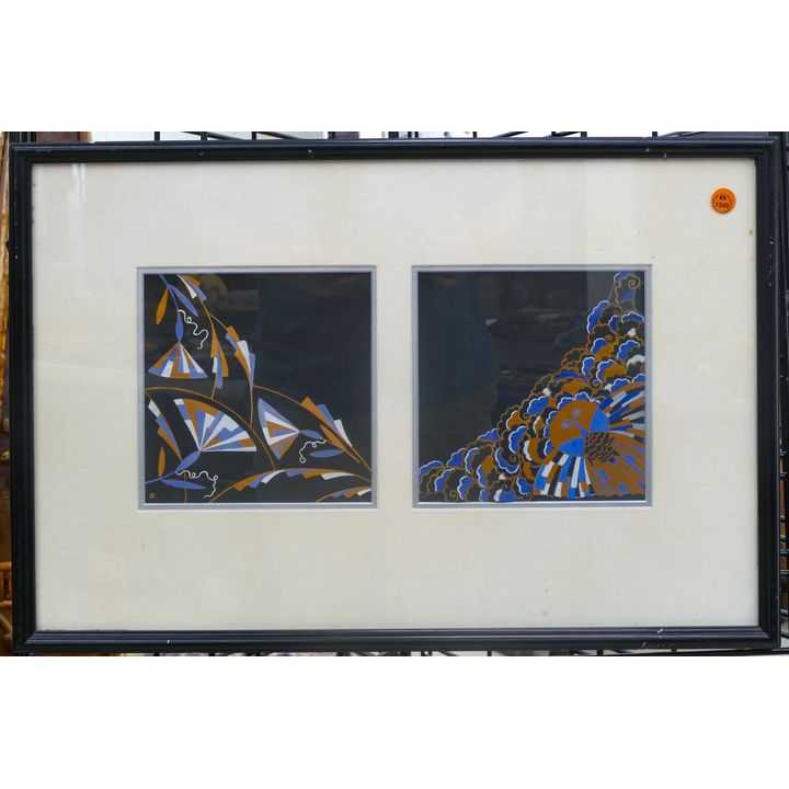 Art Deco Pattern Gouache Plasteel Framed 15.5''x23.5''