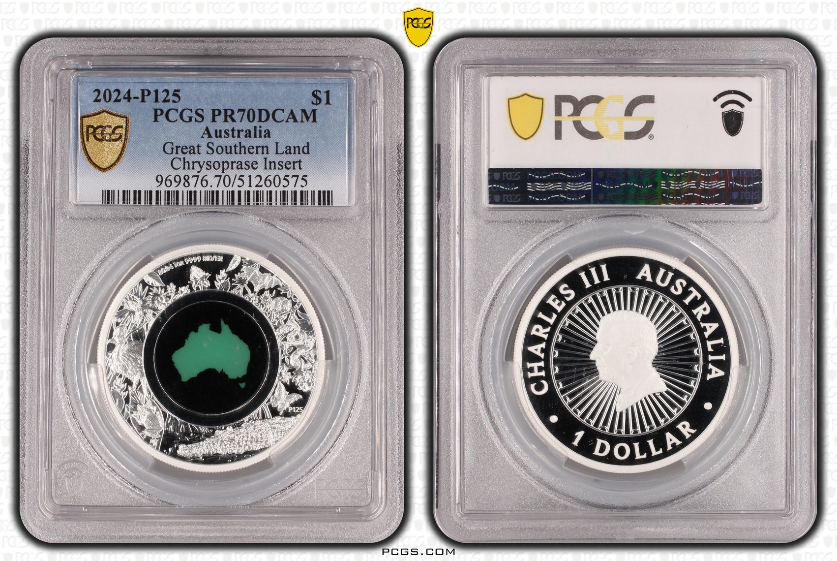 Great Southern Land Chrysoprase Insert, One Dollar, 2024-P125, PCGS PR70DCAM