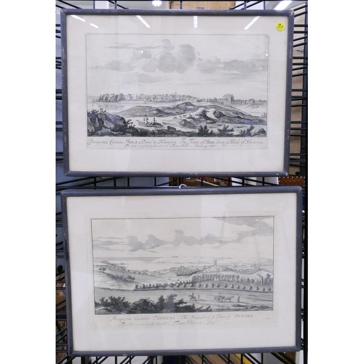 Pair Scottish Early 18th Century Town Scene Engravings Framed- Dundee & Aire (Newton on Ayr)- 15x21'' each