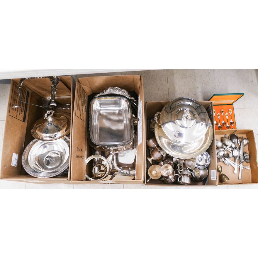 4 Boxes Silverplate Serving Pieces and Spoons