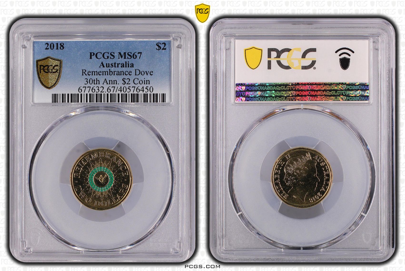 481 · Elizabeth II, Remembrance Dove Colorized 30th Ann. $2 Coin , Two Dollar, 2018, PCGS MS67