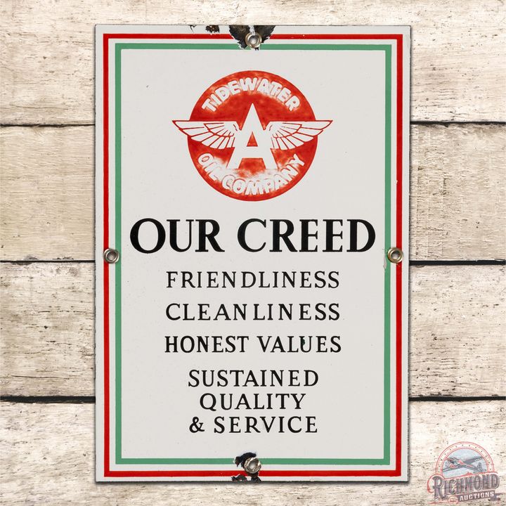 Flying A Tidewater Oil Company Our Creed SS Porcelain Sign w/ Logo