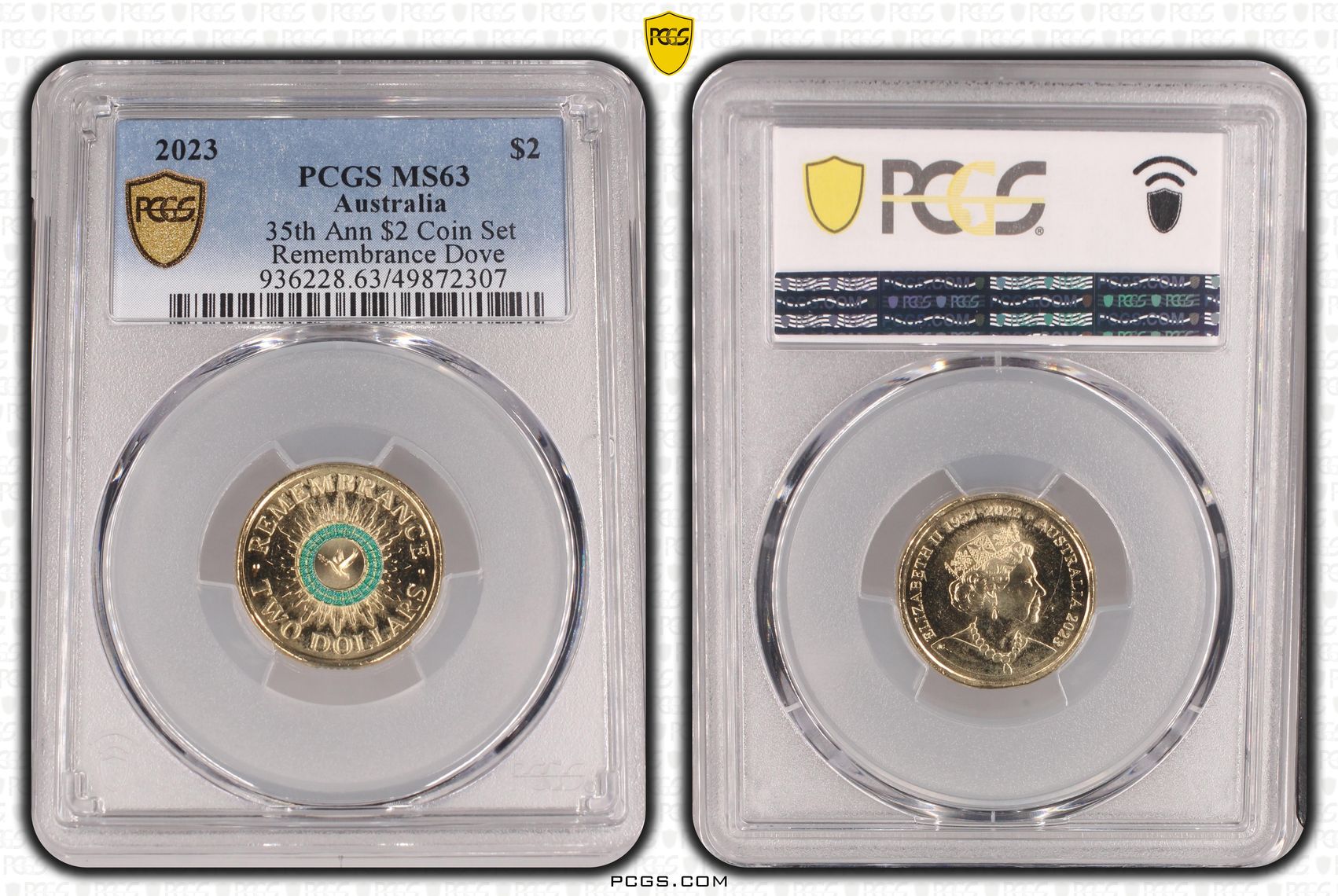 35th Ann $2 Coin Set Colourised Remembrance Dove, Two Dollar, 2023, PCGS MS63
