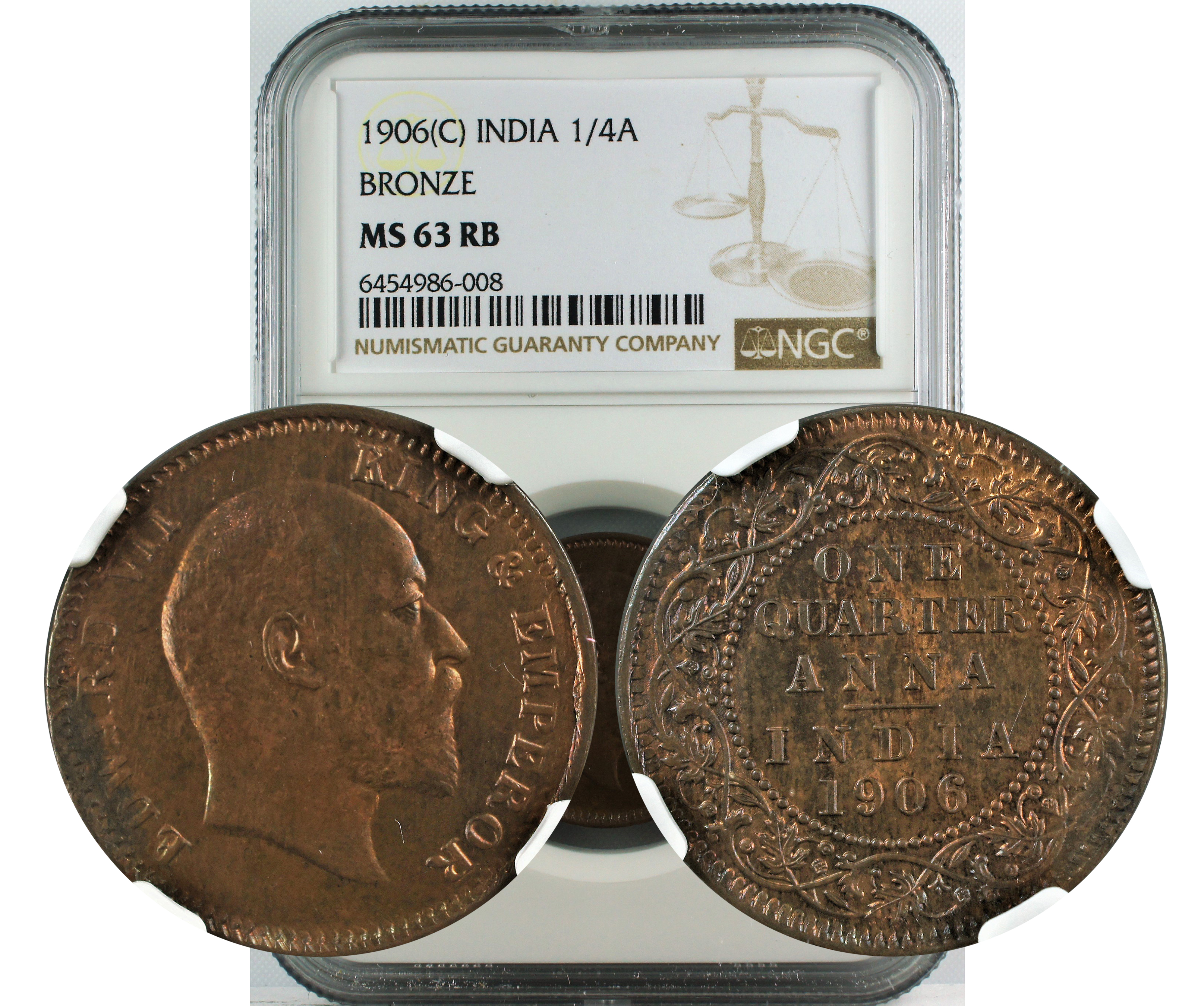 1906 C INDIA 1/4ANNA BRONZE MS63 RB