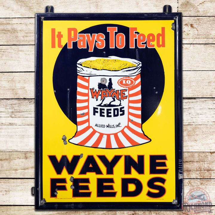 Wayne Feeds "It Pays to Feed" Allied Mills Inc. SS Porcelain Sign w/ Bag