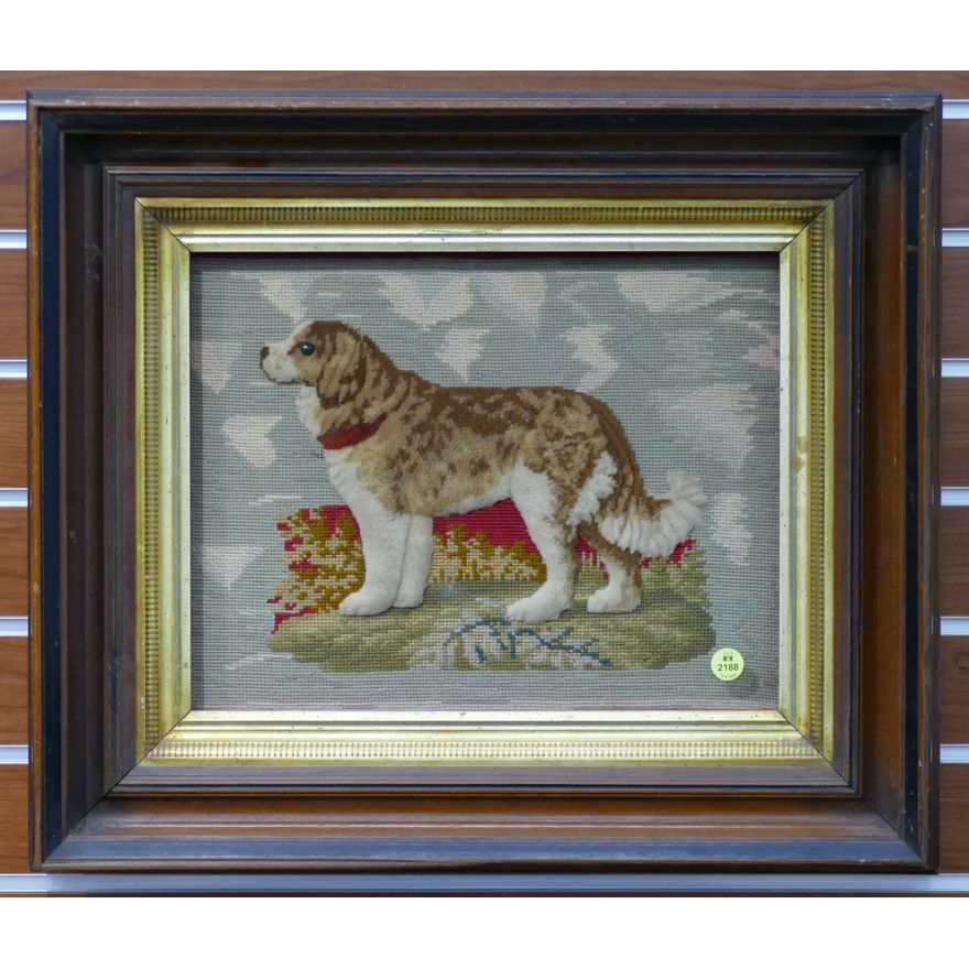 Victorian Dog Needlework Relief Framed- 18x20''