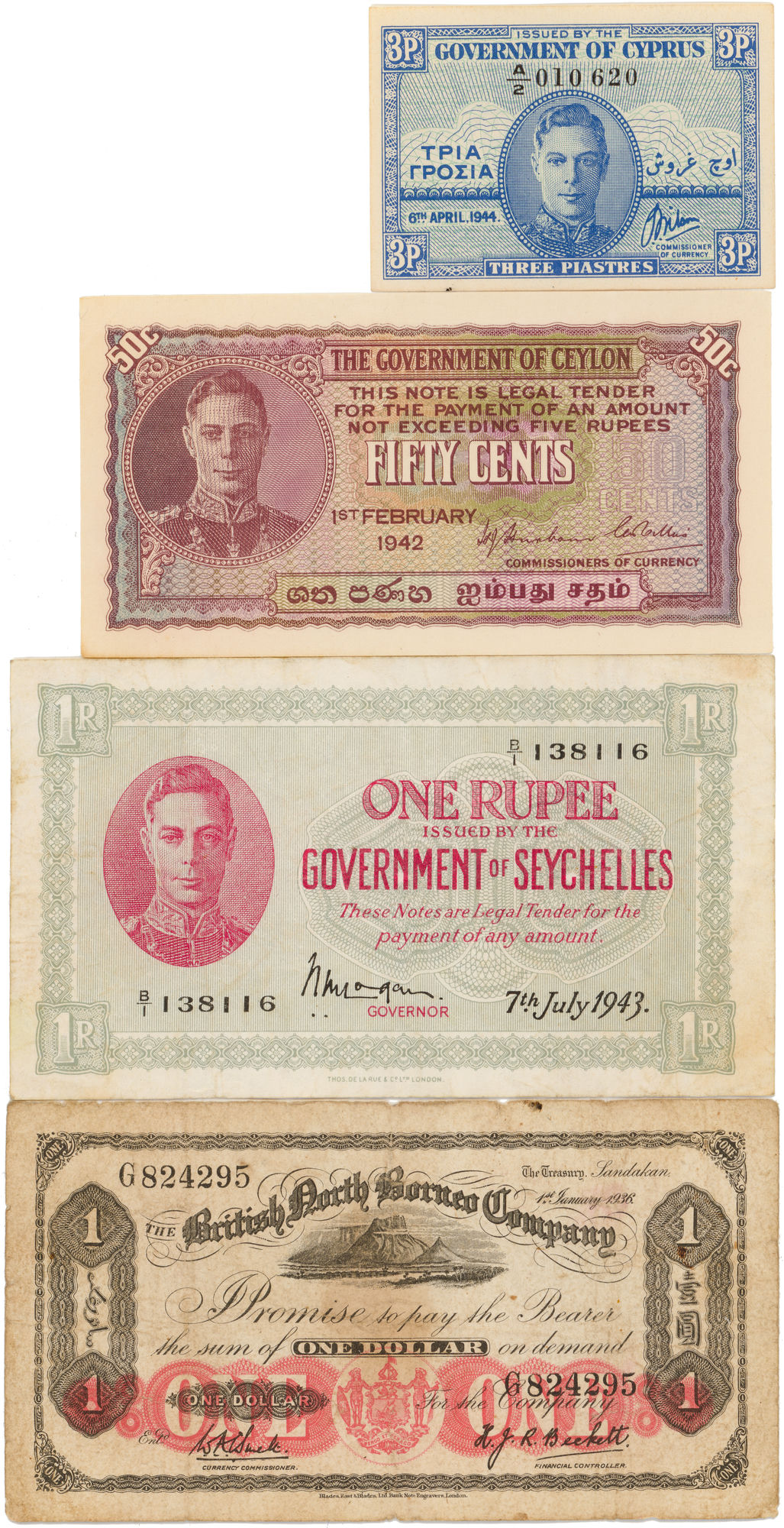 British Territories, One Rupee - One Dollar, 1933 - 1943, VG - UNC
