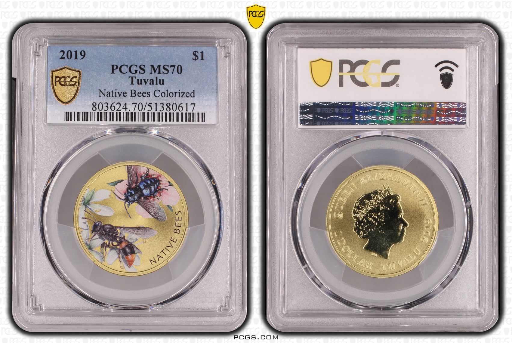 Tuvalu, Native Bees Colorized, POP 15/0, One Dollar, 2019, PCGS MS70