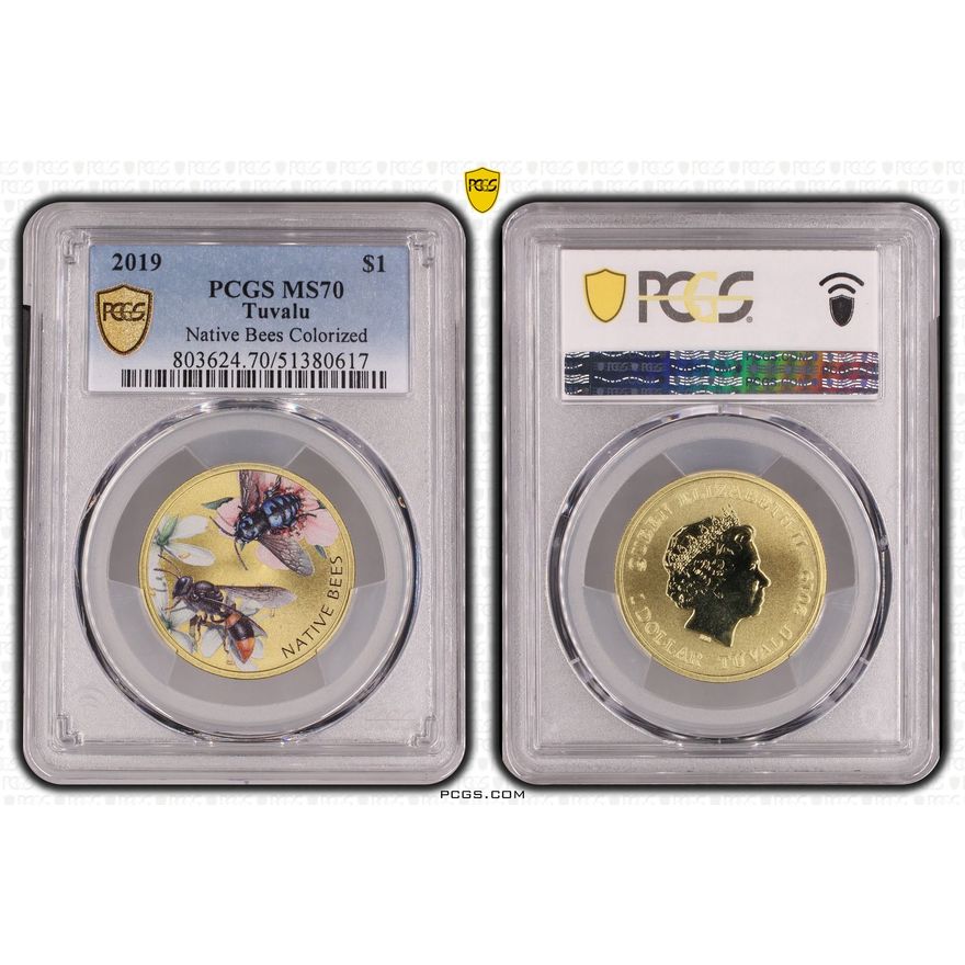 Tuvalu, Native Bees Colorized, POP 15/0, One Dollar, 2019, PCGS MS70