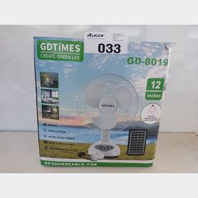12-INCH RECHARGEABLE FAN WITH 2 LED LIGHTS - SOLAR OR AC/DC - RECHARGEABLE FAN
