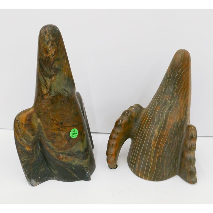 2pc Alaskan Soapstone Large Whale Breaking Water Carvings- 10'' and 13''