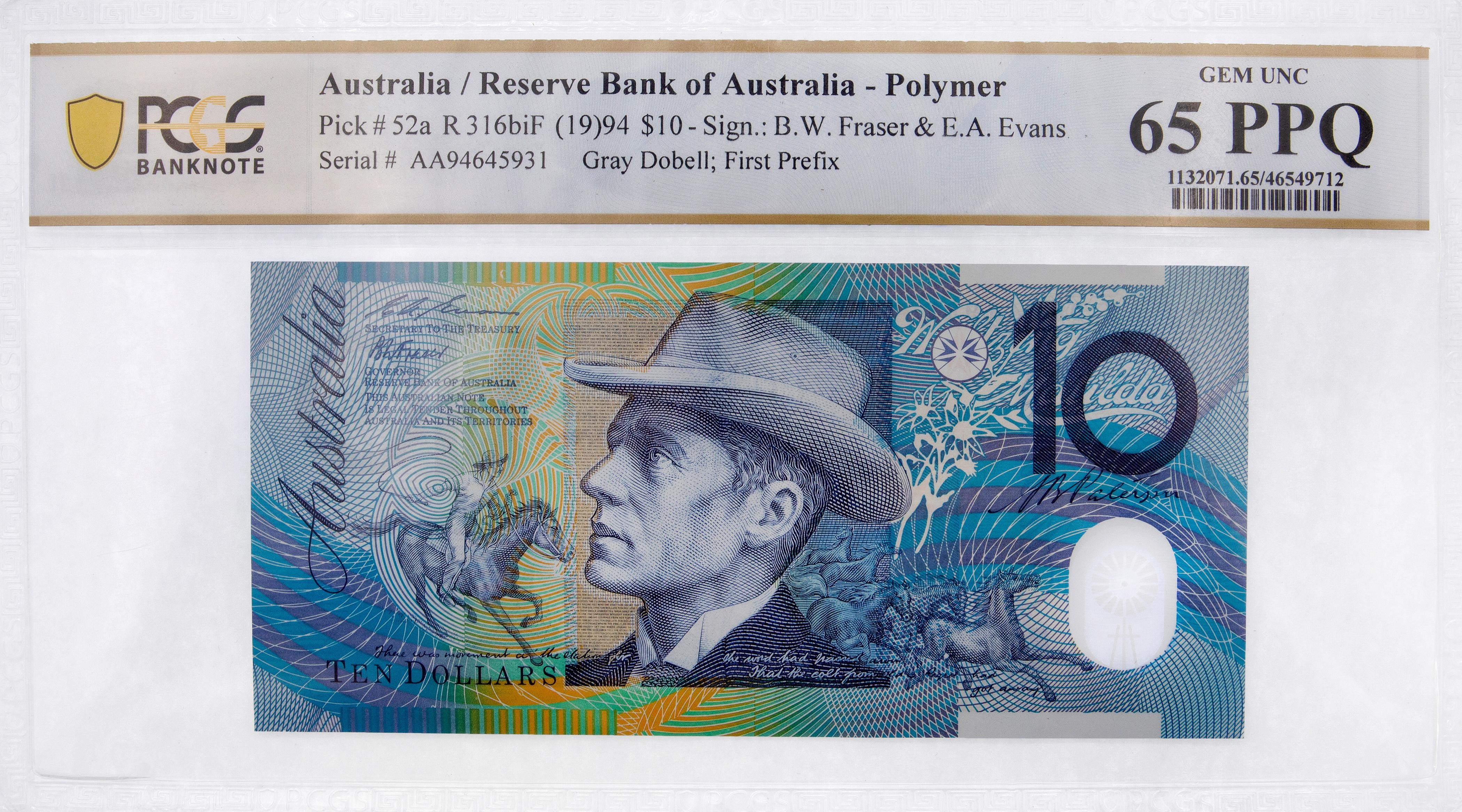 Fraser/Evans, Gray Dobell; First Prefix, Ten Dollar, 1994, PCGS Gem UNC 65 PPQ