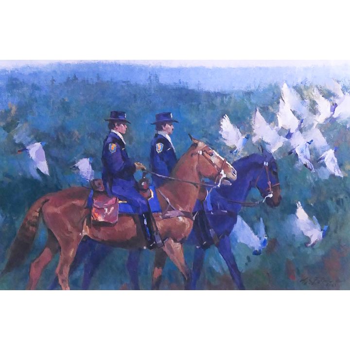 William F. Reese 'Seattle Horse Patrol' S/N Lithograph. Edition 17/500. Dated 1983. Image measures 16x23''