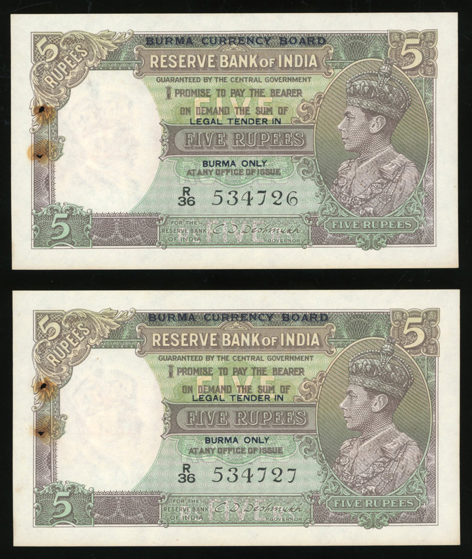 Burma Currency Board, overprinted on Reserve Bank of India 5 rupees, ND ...