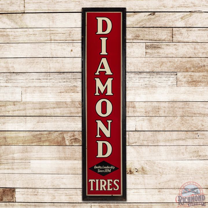 Diamond Tires "Since 1894" Vertical 6.5' Single Sided Tin Sign w/ Wooden Frame