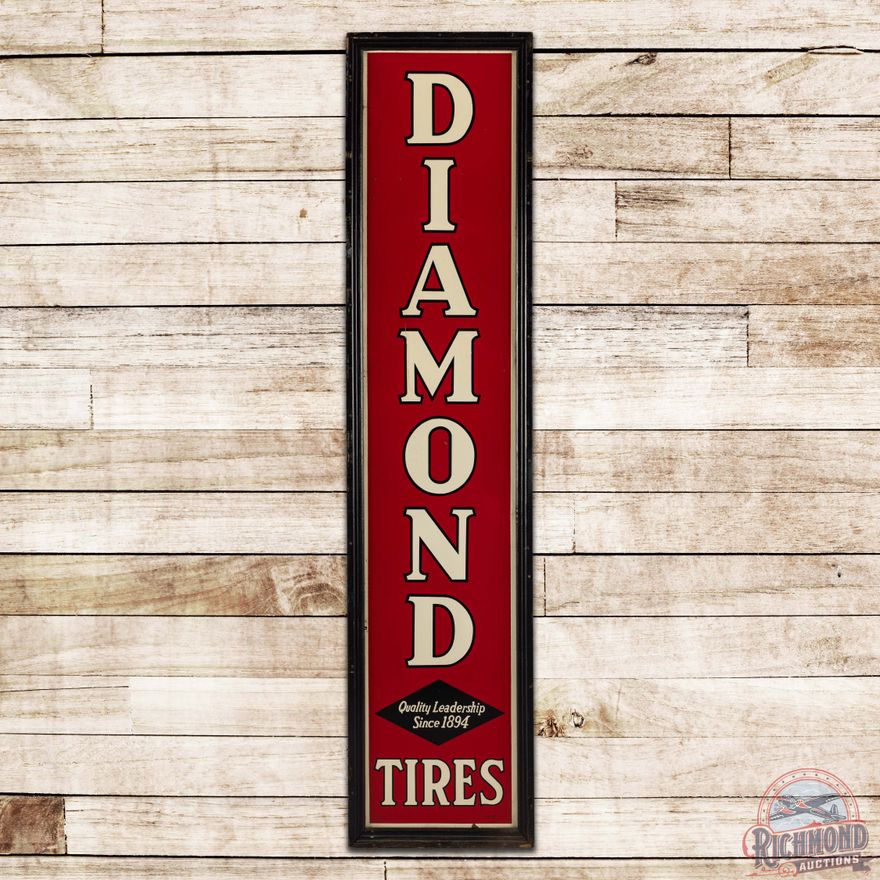 Diamond Tires "Since 1894" Vertical 6.5' Single Sided Tin Sign w/ Wooden Frame
