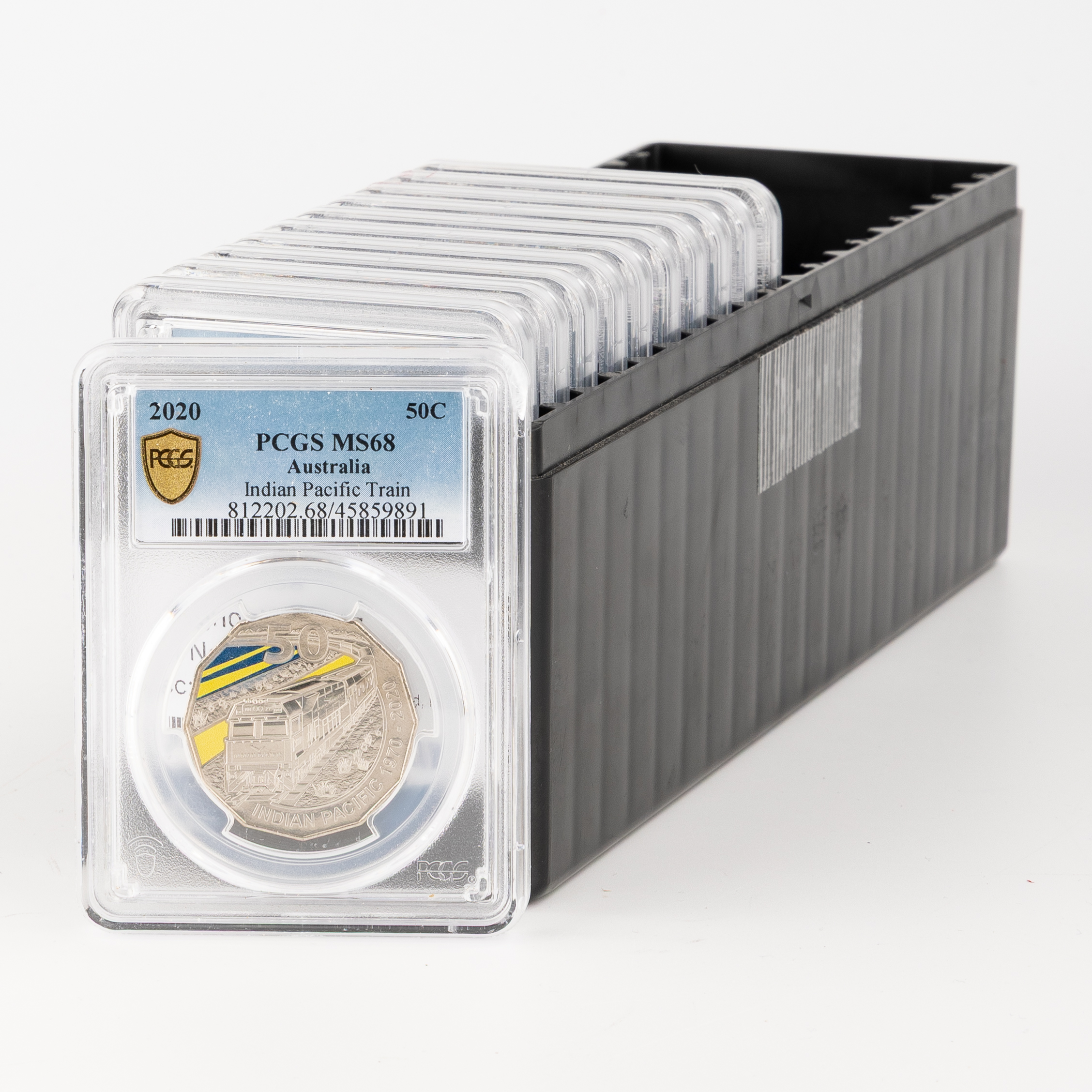 11x Indian Pacific Train Colourised, Fifty Cent, 2020, PCGS MS68