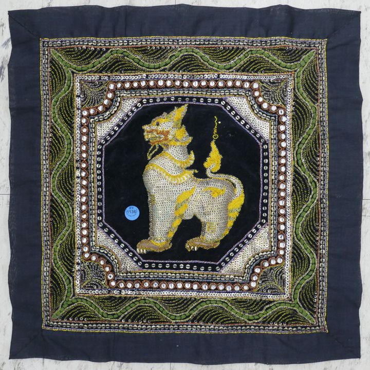 Burmese Kalaga Tapestry of Guardian Lion 18''x18''