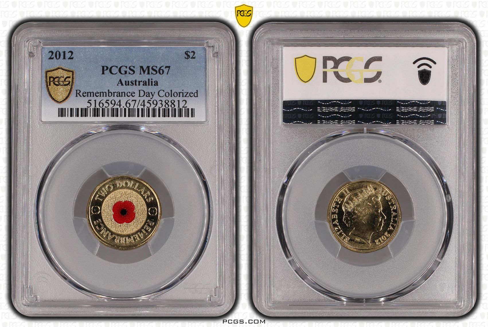 2012 Australia Two Dollar, $2 Remembrance Day Colored PCGS - MS67 -812