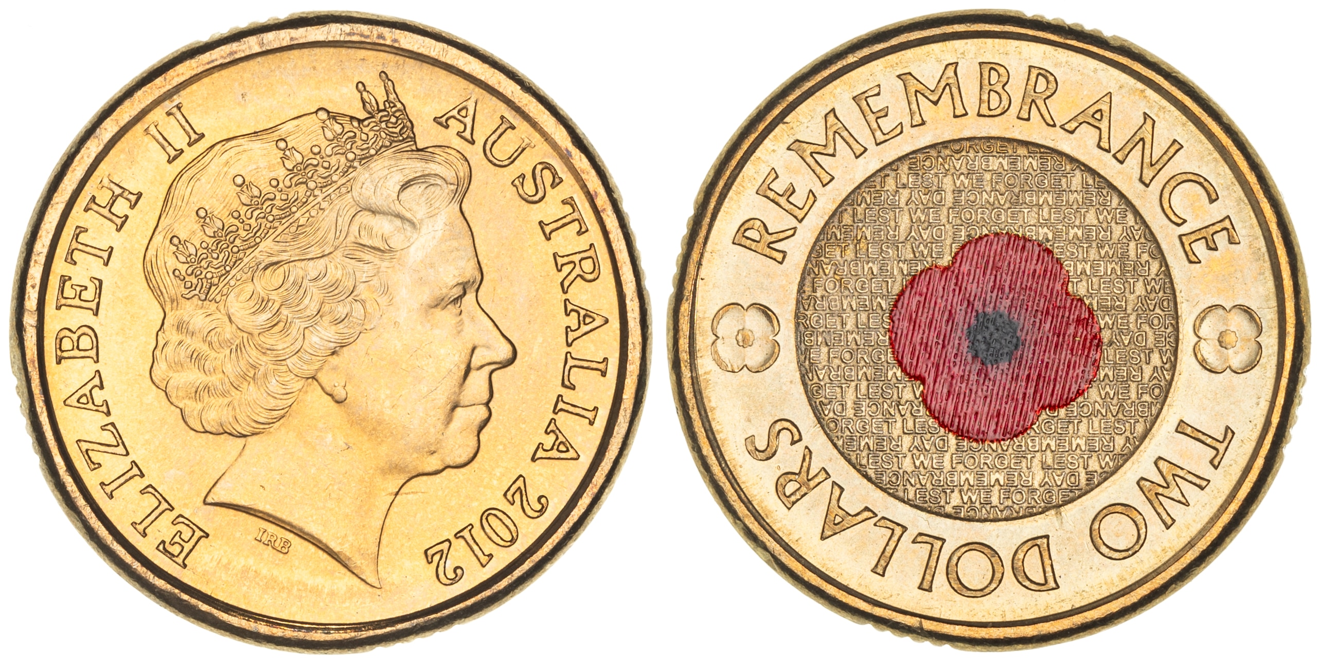 Elizabeth II, Remembrance Day Red Poppy, Two Dollars, 2012, gEF - aUNC