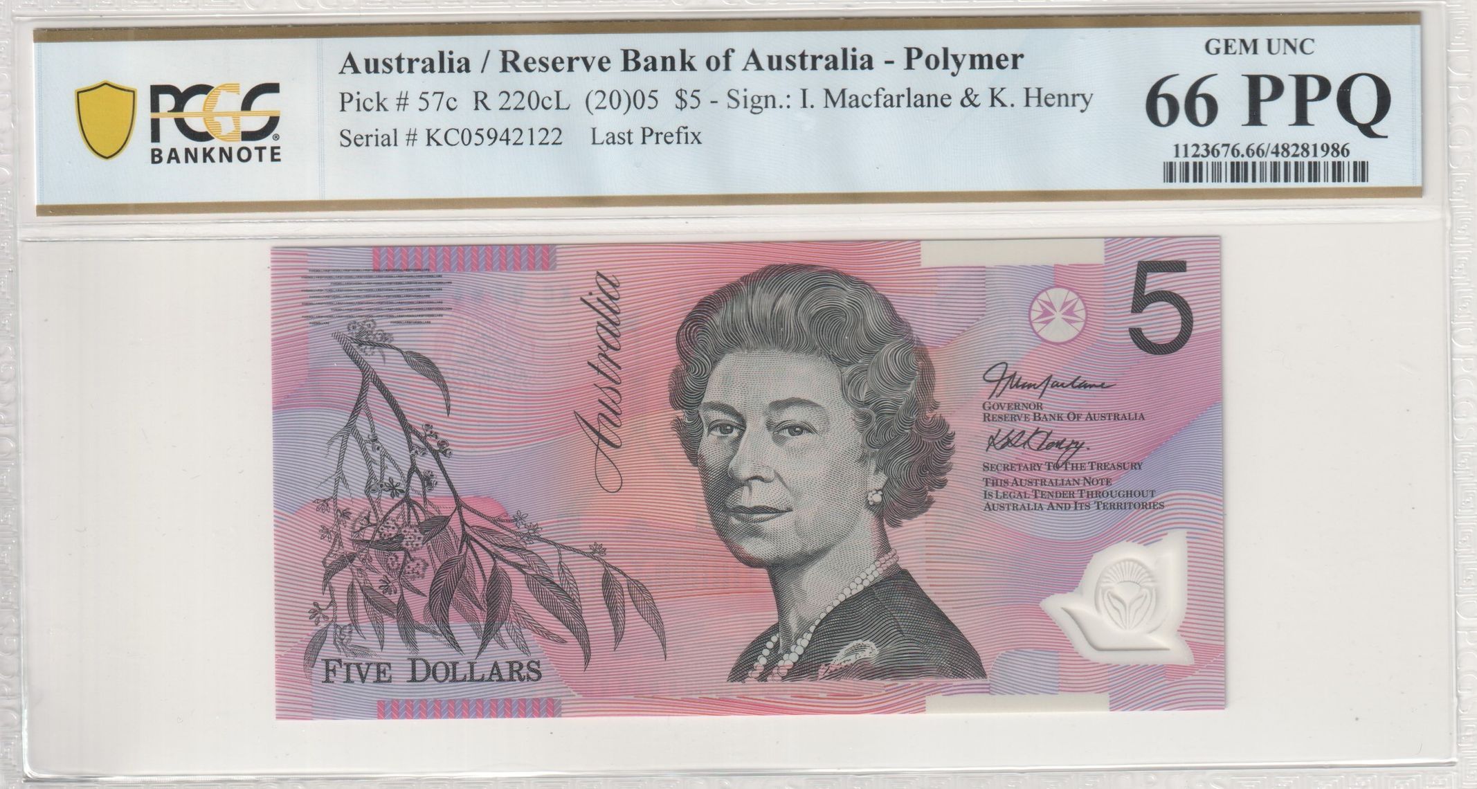 13 · Macfarlane/Henry, Last Prefix, Five Dollar, 2005, PCGS Gem UNC 66 PPQ