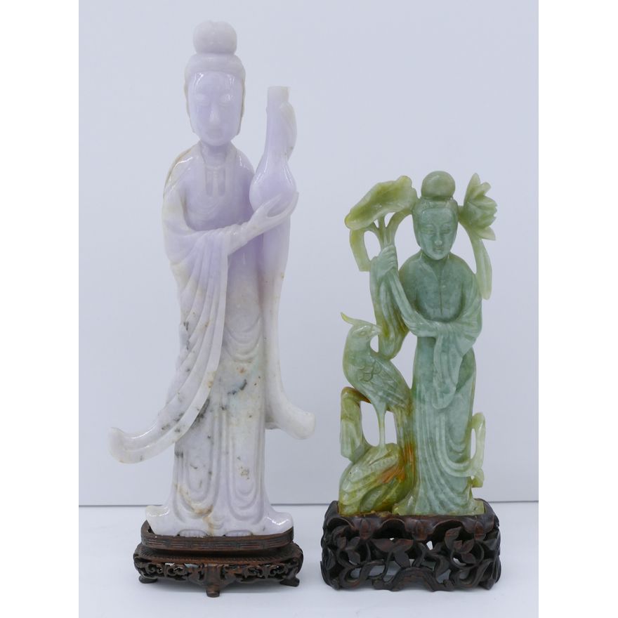 2pc Chinese Qing Jade Guanyin Figures on Stands