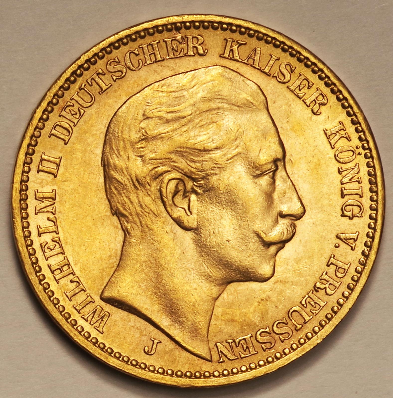 プロシア-Prussia. プロシア ヴィルヘルム2世像 20マルク金貨 1910年(J