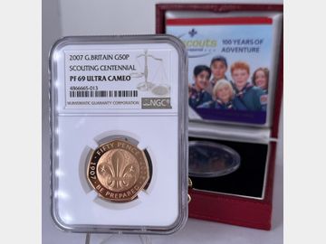 2007 ELIZABETH II 'SCOUTING CENTENNNIAL' PROOF GOLD 50 PENCE PF69 UCAM