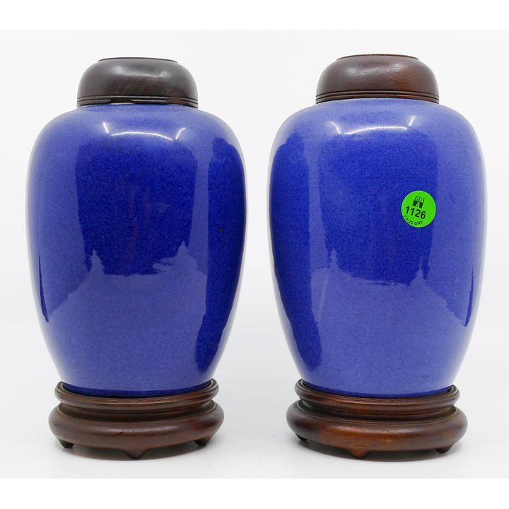 Pair Chinese Republic Blue Monochrome Jars on Stands 9.5''