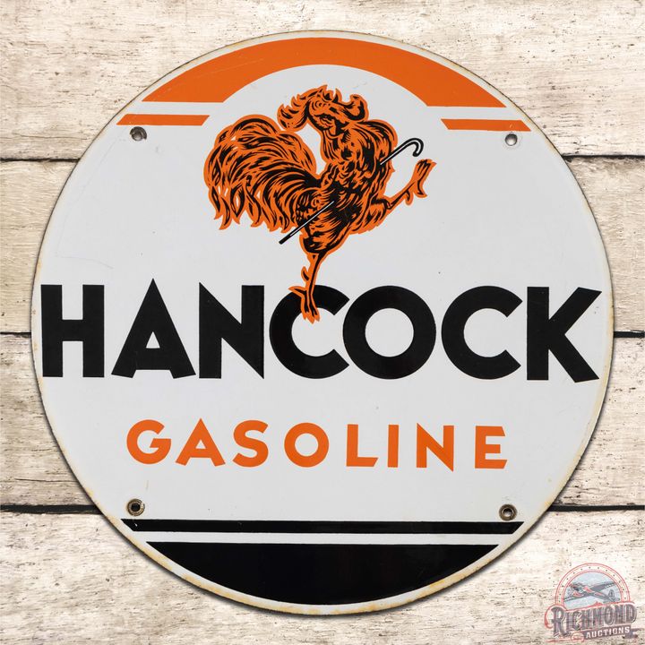Early Hancock Gasoline Single Sided Porcelain Pump Plate Sign w/ Rooster